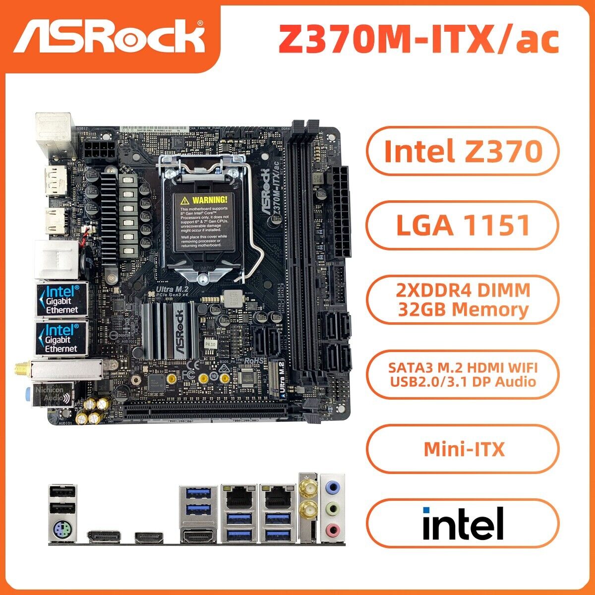 ASRock Z370M-ITX/ac Motherboard Mini-ITX Intel Z370 LGA1151 DDR4 32GB SATA3 HDMI