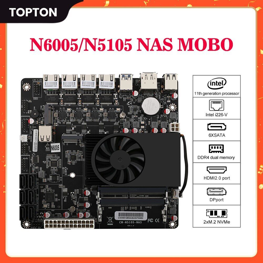 NAS Motherboard N6005 N5105 Firewall Routing Mini ITX 4x Intel i226-V LAN 2*M.2