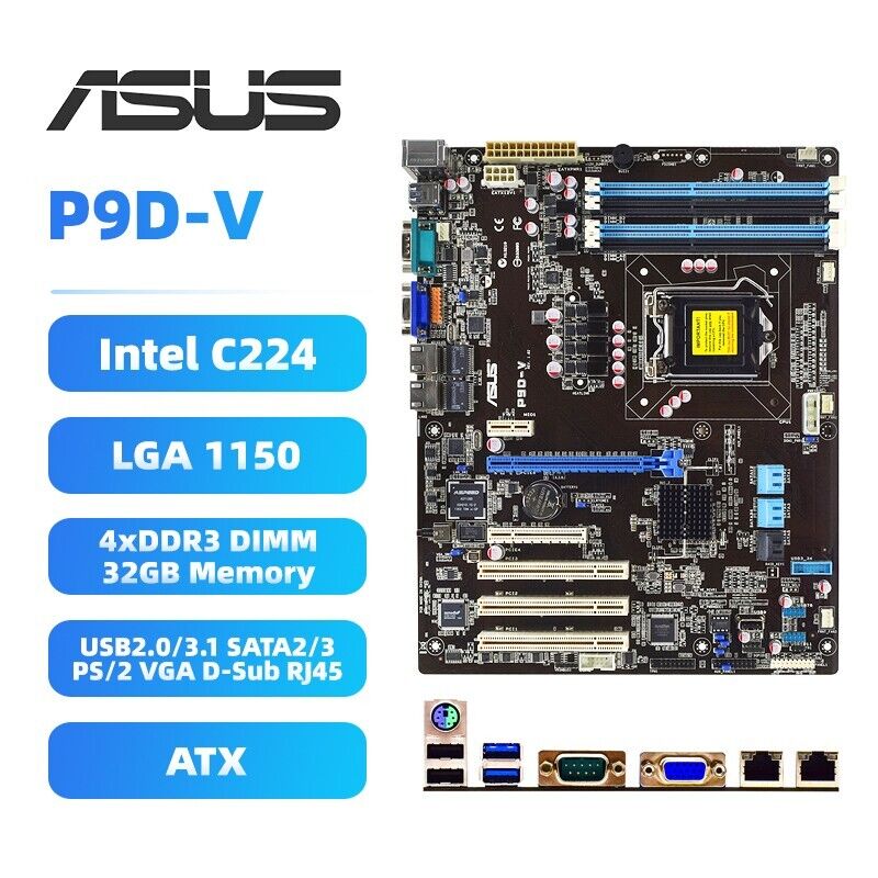 ASUS P9D-V Motherboard ATX Intel C224 LGA1150 DDR3 32GB SATA2/3 VGA PS/2 D-Sub