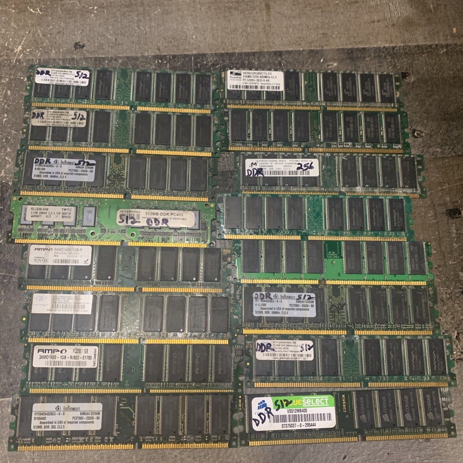 (2) 256MB DIMM Memory Module (10) 512mb DIMMs (4) 1GB 16 total various brands
