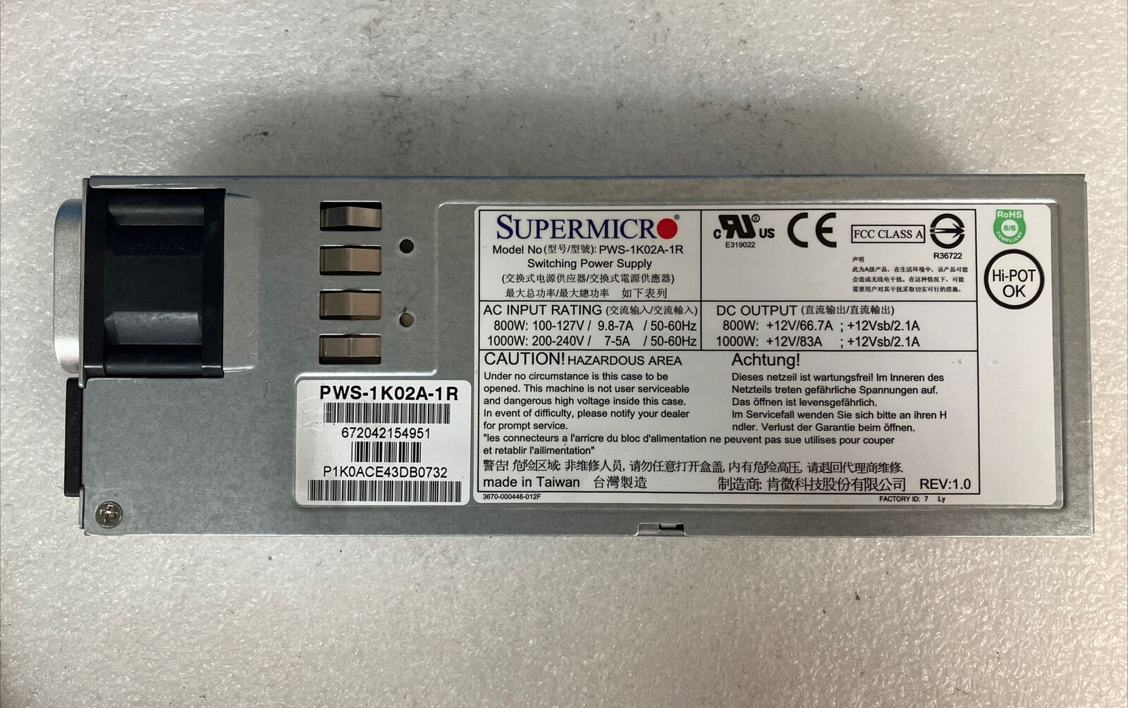 SuperMicro Model: PWS-1K02A-1R Redundant 1000W Module Switching Power Supply ~