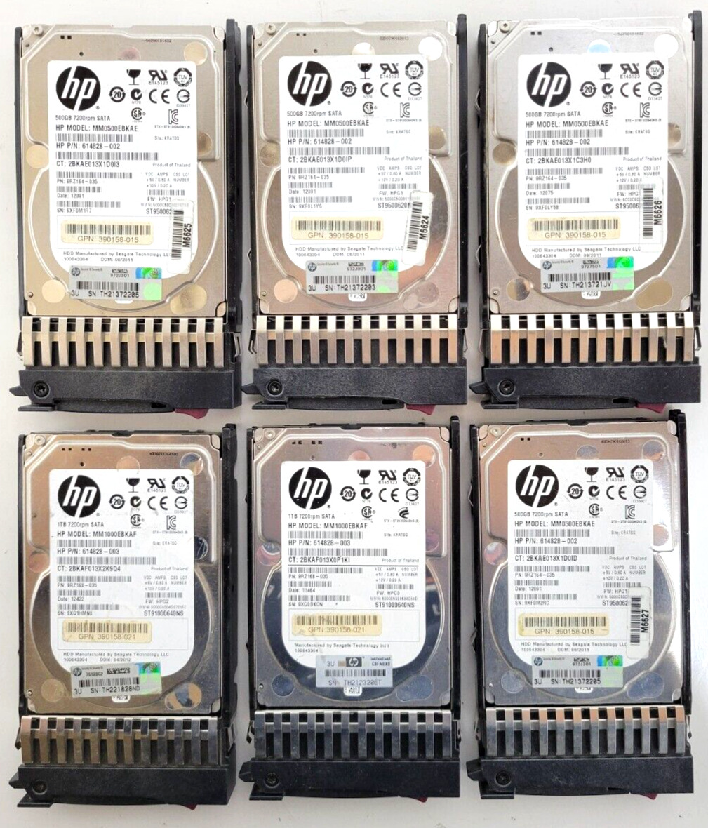 HP HARDDRIVE LOT QTY 4 - 614828-002 500 GB / QTY 2 614828-003 1TB 7200 RPM SATA