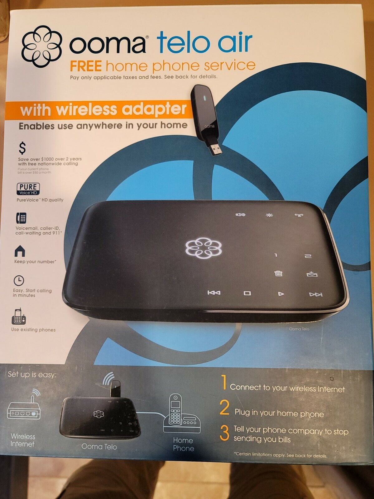 Ooma TELO AIR FREE HOME PHONE SERVICE VoIP DEVICE WITH WIRELESS ADAPTER INCLUDED