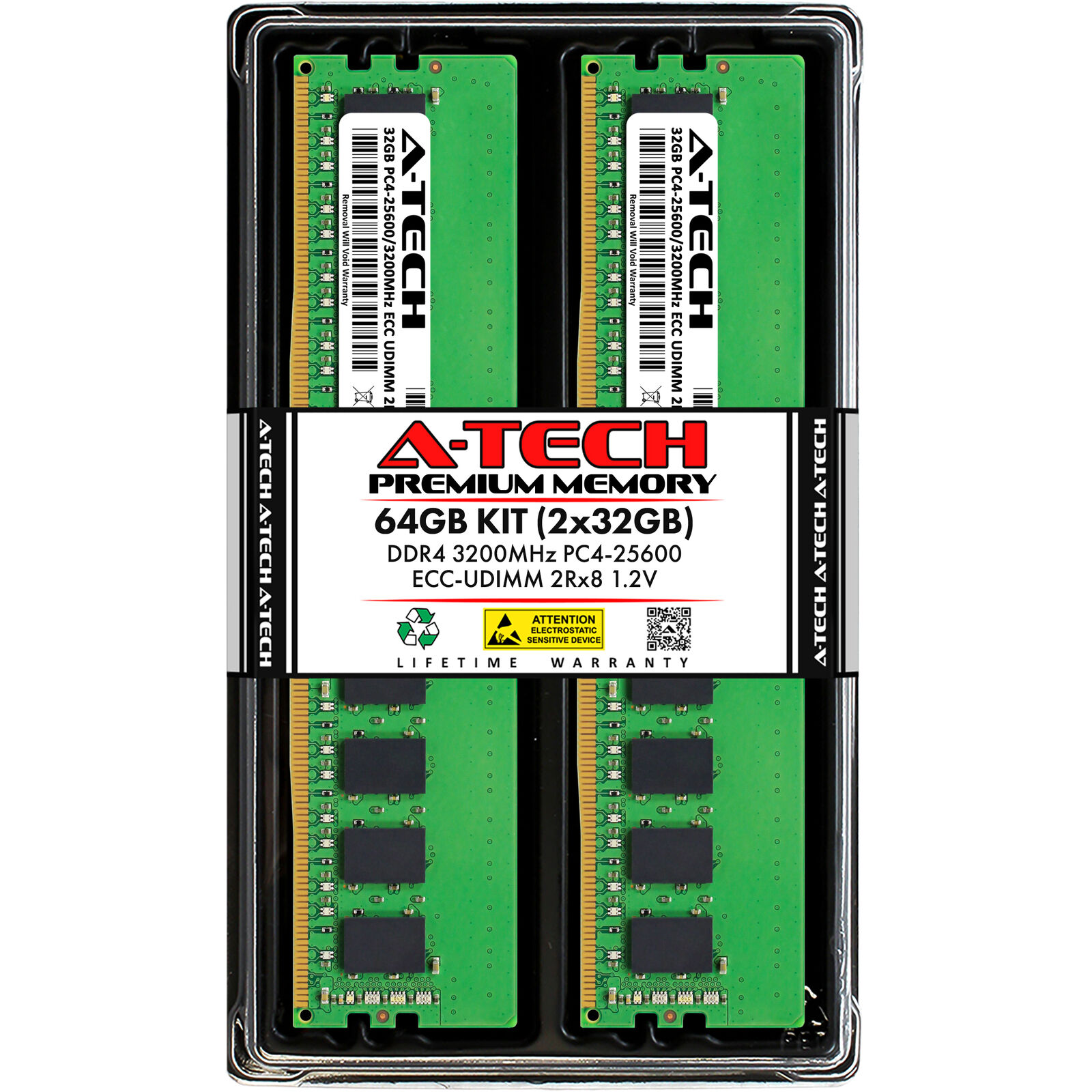 A-Tech 64GB 2x 32GB 2Rx8 PC4-25600 DDR4 3200 MHz ECC UNB UDIMM Server Memory RAM