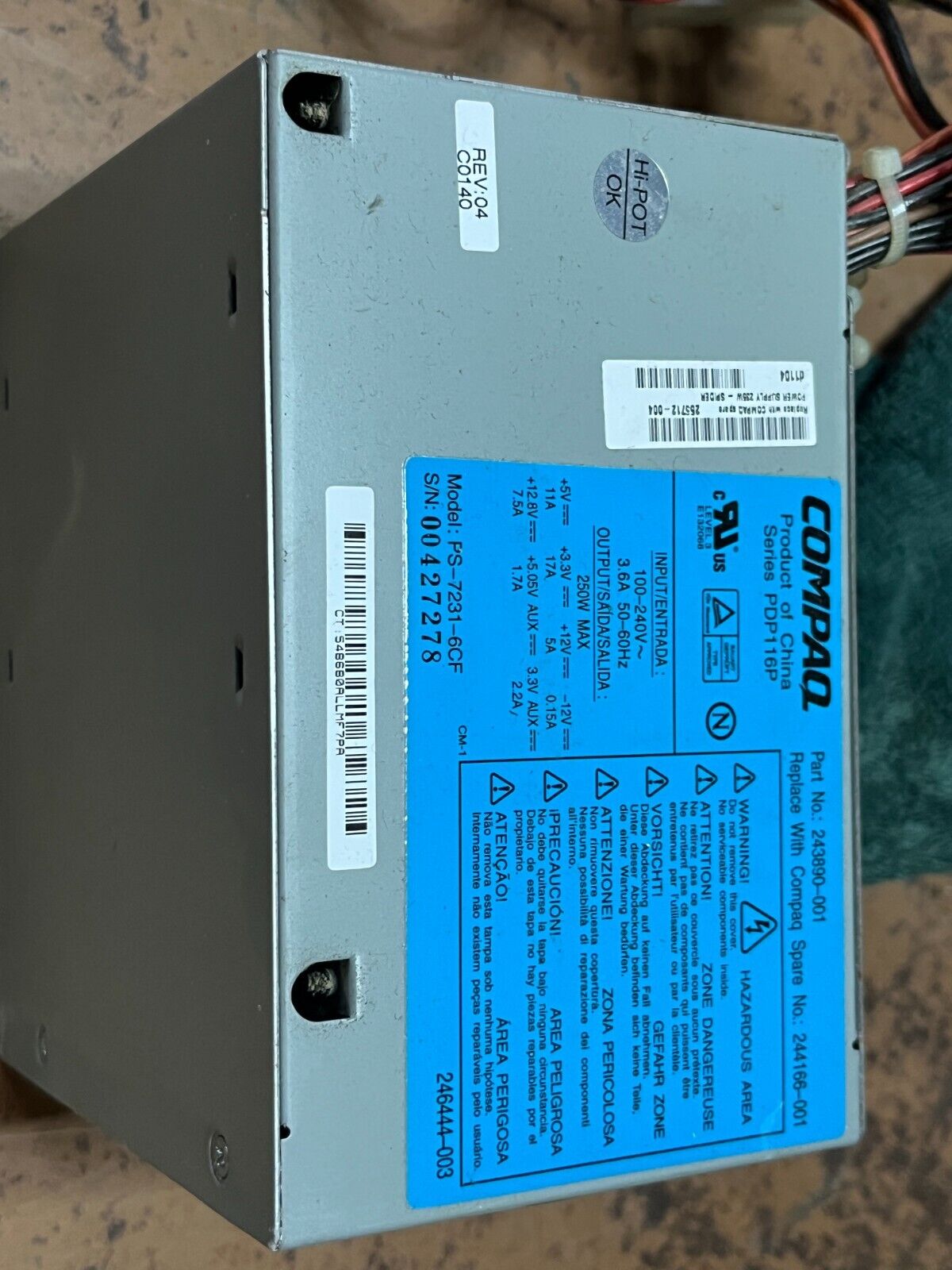 Vintage Compaq HP 235W Power Supply #255712-004 HP-U250XC3 USED