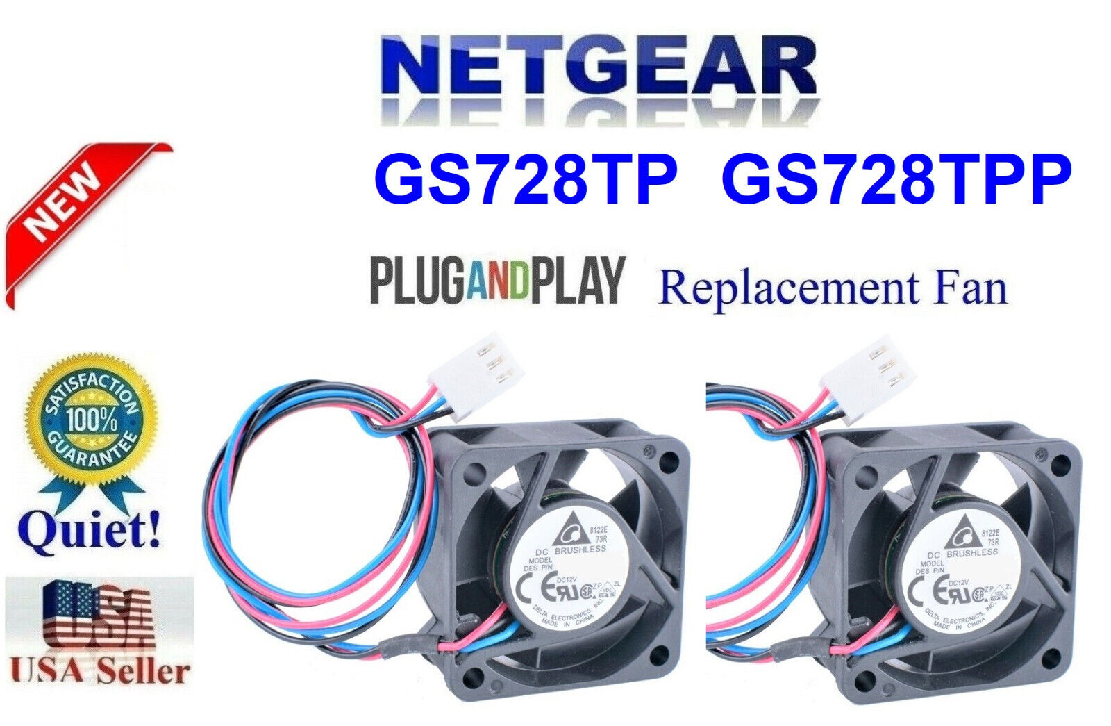 2x Quiet Replacement Fans for Netgear ProSafe GS728TP GS728TPP GS728TPS