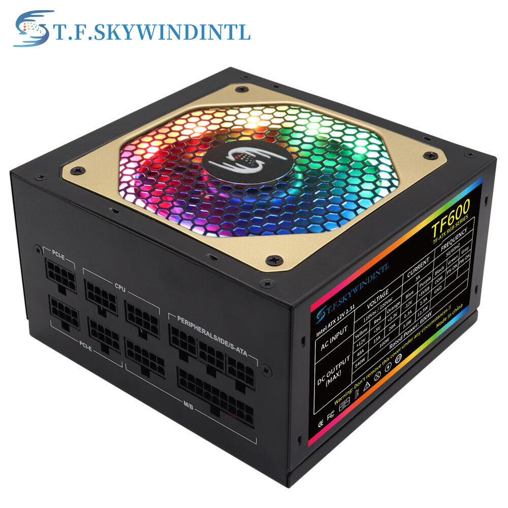 600W Power Supply Fully Modular ATX PC Gaming LED Fan RGB PSU Silent SATA 12V