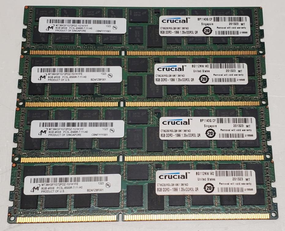 Crucial 32GB (4x8GB) DDR3 1066MHz 4Rx8 PC3L-8500R ECC Server Ram CT8G3ERSLQ81067