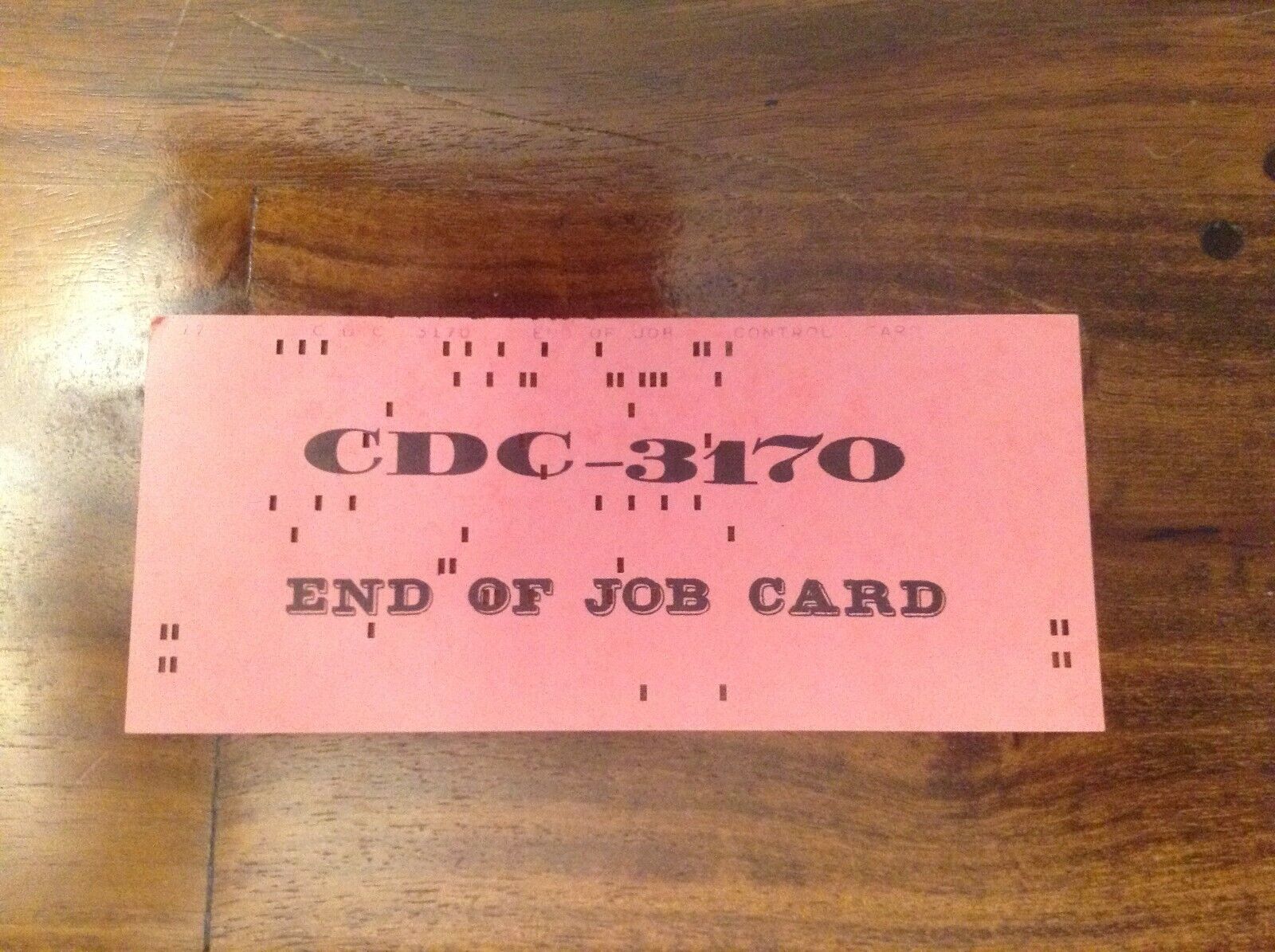 Vintage Computer Punch Card CDC 3170 End of Job Control Card Pink