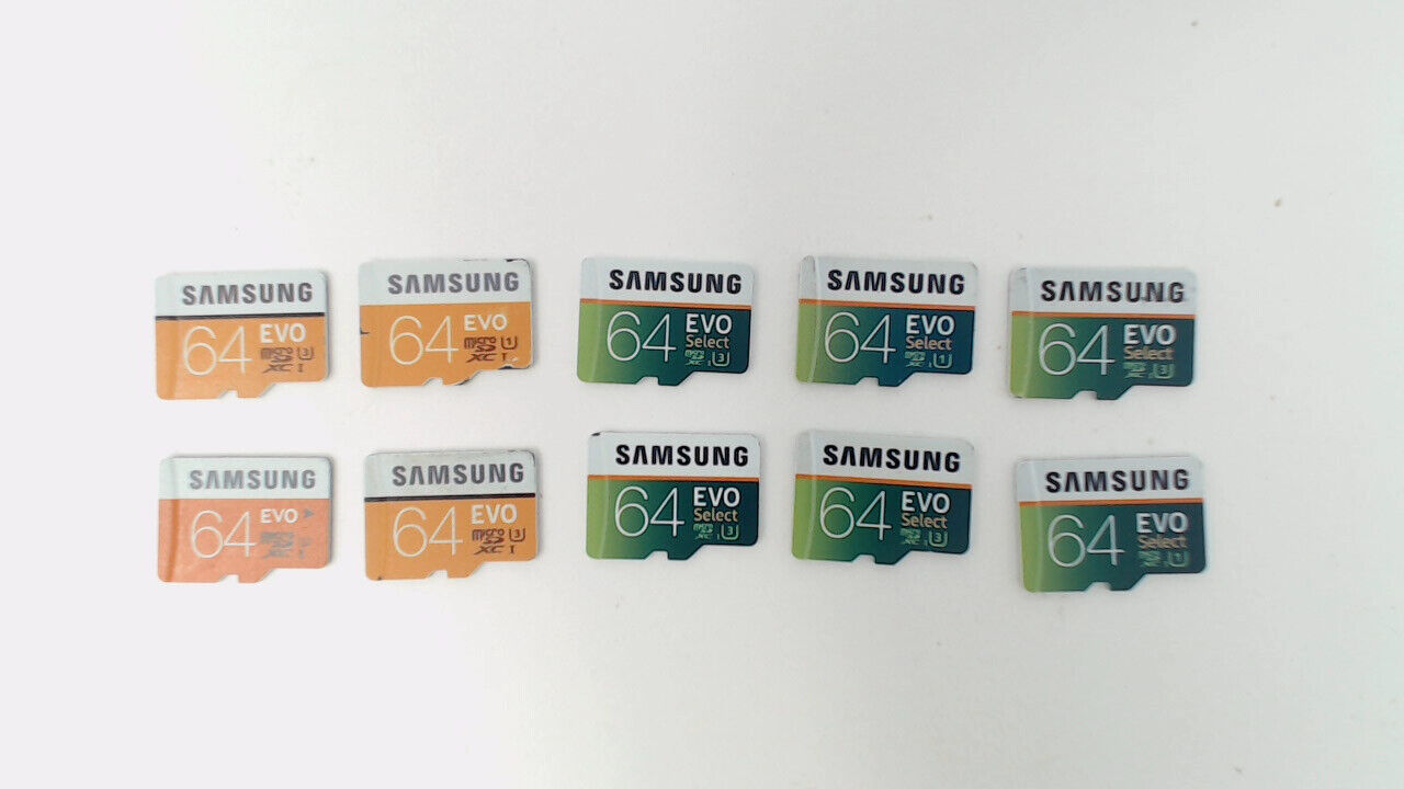 Lot of 10 - 64GB Samsung Evo & Select (Orange & Green) Micro SD Memory Cards