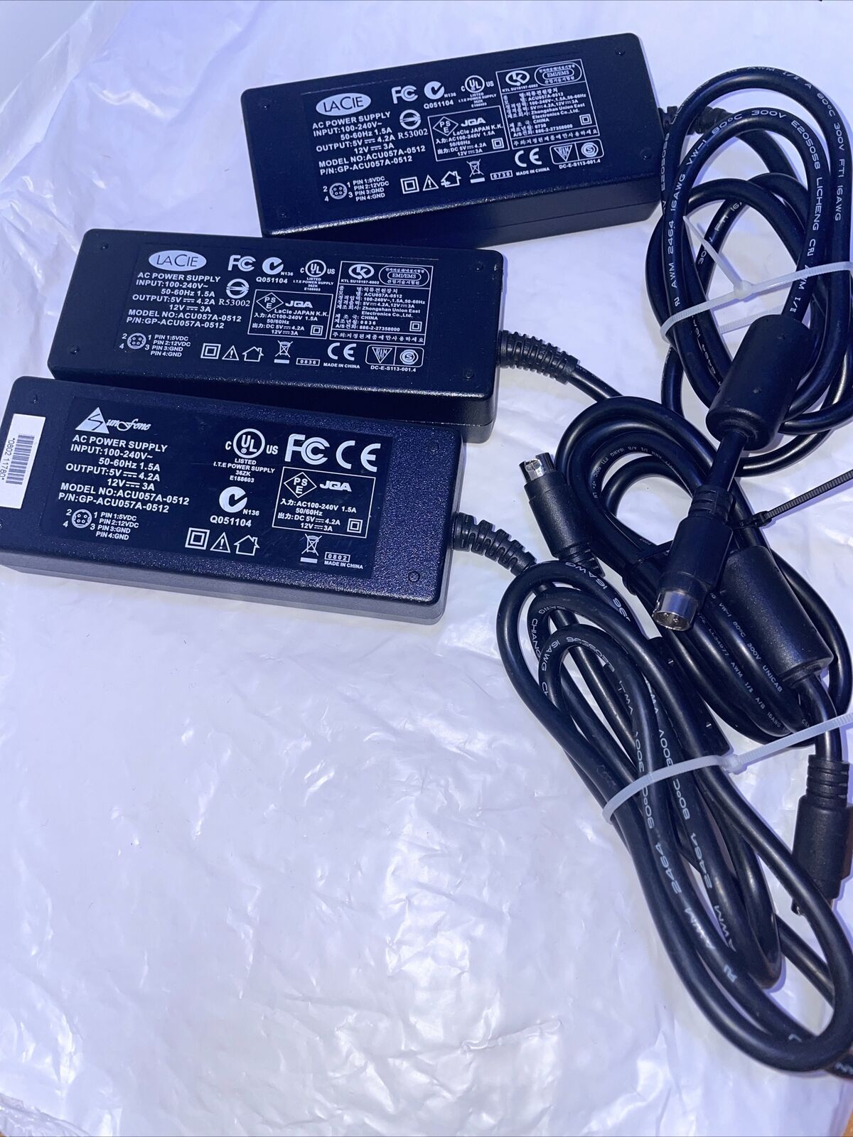 3x LaCie ACU057A-0512 5V 12V 4-pin Adapter Q051104 Hard Drive DVD Sunfone ACML51
