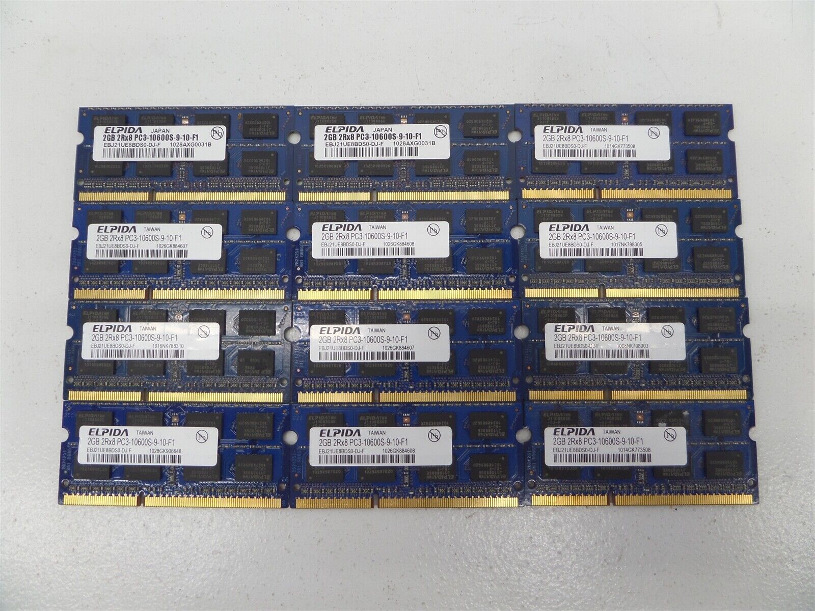 Lot of 12 - Elpida EBJ21UE8BDS0-DJ-F 2GB PC3-10600 DDR3-1333 Laptop Memory 