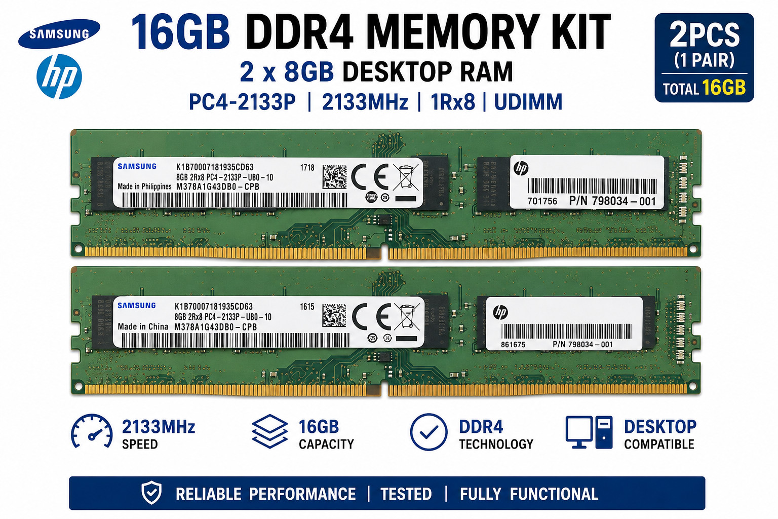 16GB (2x8GB) Samsung DDR4-2133MHz PC4-2133P Desktop RAM 2Rx8 UDIMM