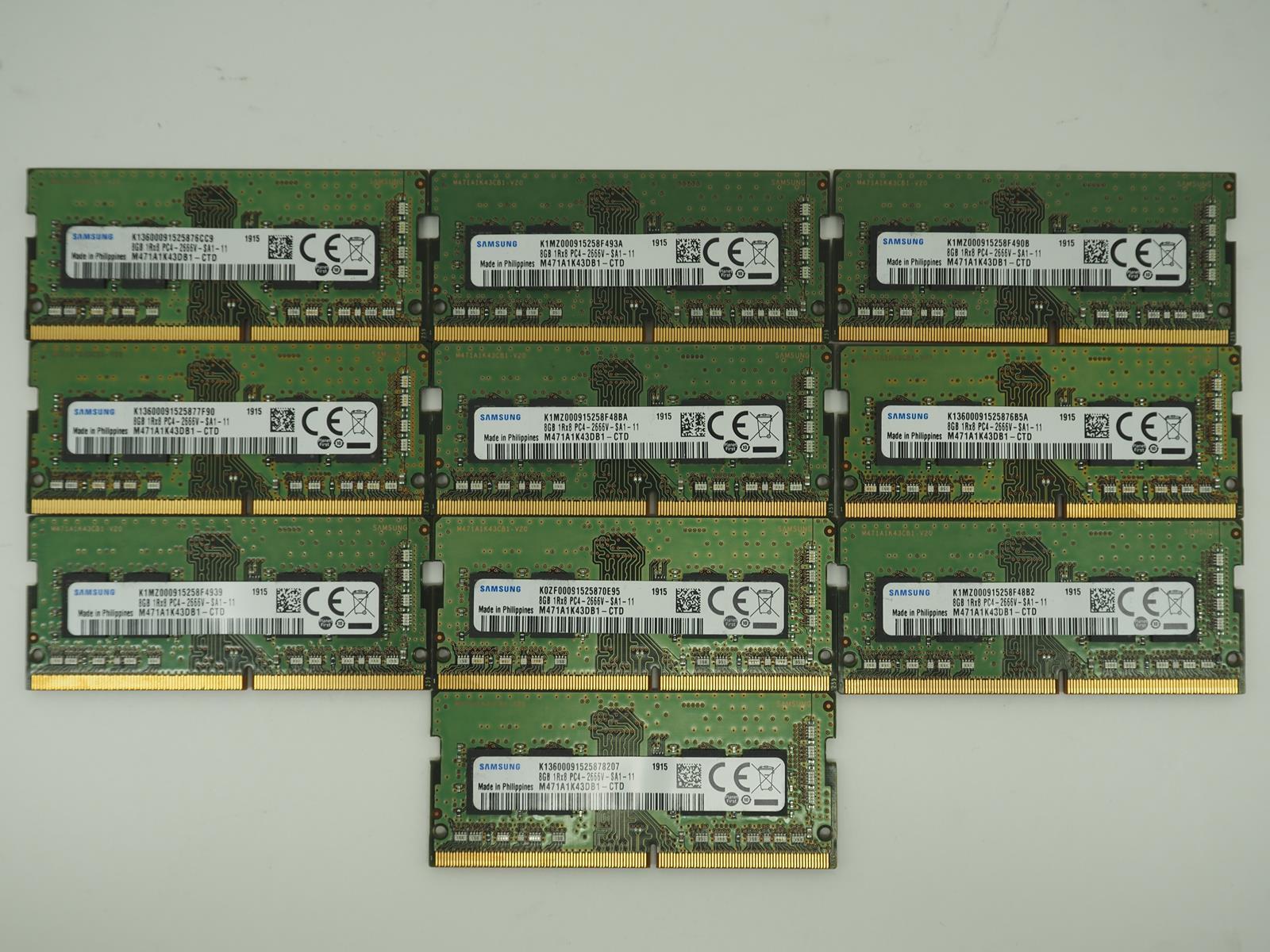 Lot of 10 SAMSUNG 8GB PC4-2666V Laptop Ram / Memory - M471A1K43DB1-CTD