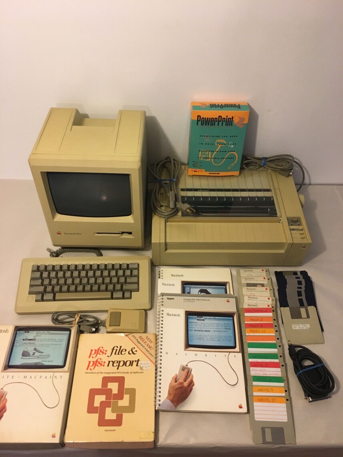 Macintosh Plus 1MB with Mouse, Hard Disk 20, Image Writer, & Floppy Disks