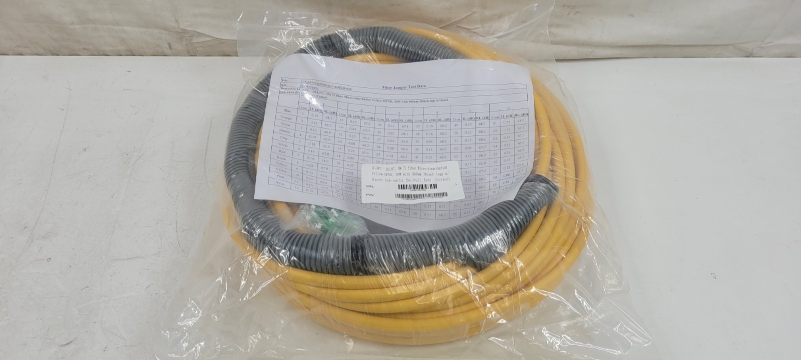 LC/APC FIBER CABLE SM 72 FIBER MICRO-DISTRIBUTION YELLOW OFNR, 30M BLUNT NEW LC/APC FIBER CABLE SM 72 FIBER MICRO-DISTRIBUTION YELLOW OFNR, 30M BLUNT NEW