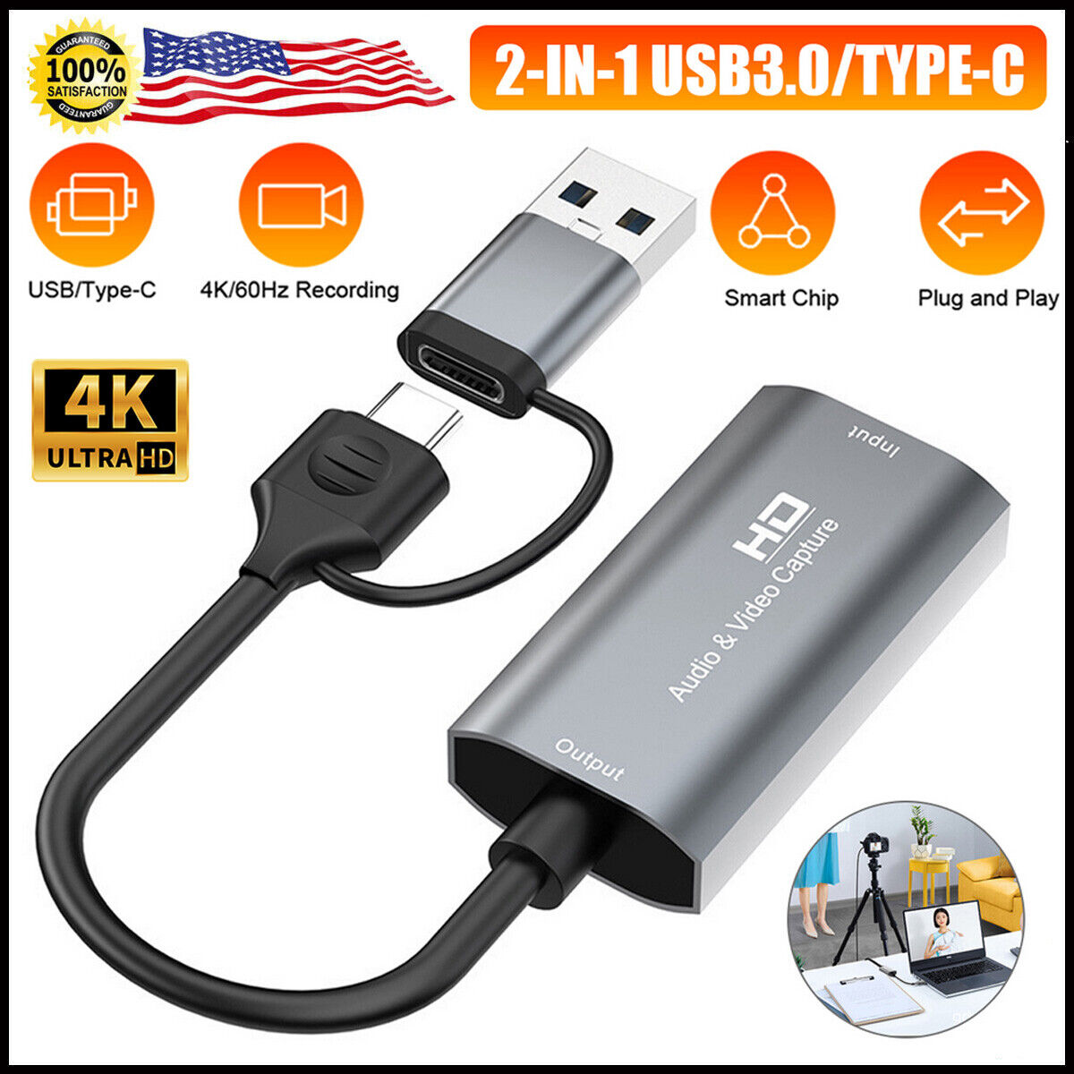HDMI to Type C Video Audio Capture Card Adapter Screen Recorder USB-C 4K 1080P