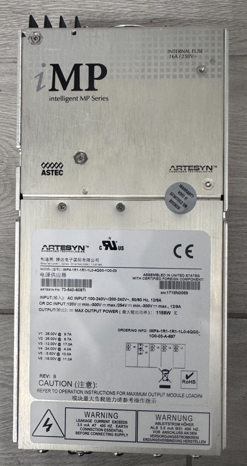 ARTESYN POWER SUPPLY MODEL: IMP4-1R1-1R1-1L0-4QG0-1O0-03 OUTPUT: 1158W ARTESYN POWER SUPPLY MODEL: IMP4-1R1-1R1-1L0-4QG0-1O0-03 OUTPUT: 1158W