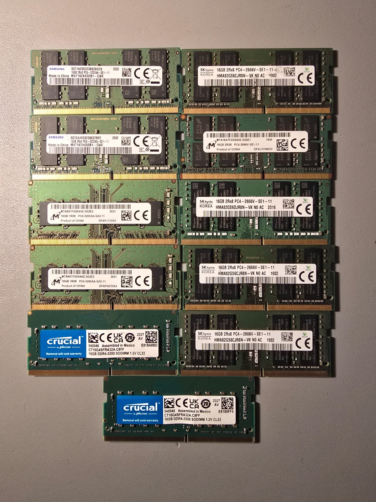 Lot of 11 x 16GB DDR4 Laptop RAM SO-DIMM Samsung SK Hynix Crucial Mixed Speeds Lot of 11 x 16GB DDR4 Laptop RAM SO-DIMM Samsung SK Hynix Crucial Mixed Speeds