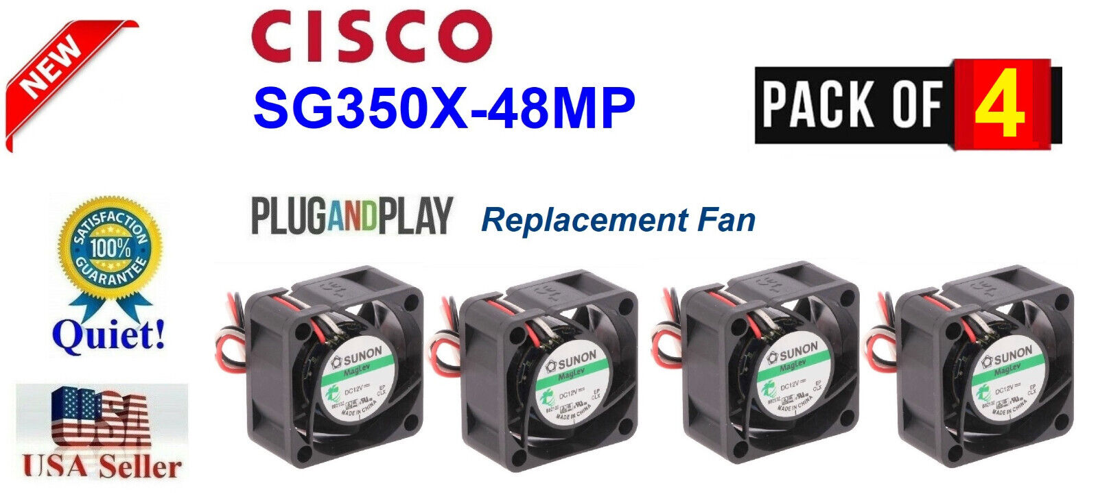 Pack 4x Quiet Fans for Cisco SG350X-48MP Stackable Managed Switch Low Noise