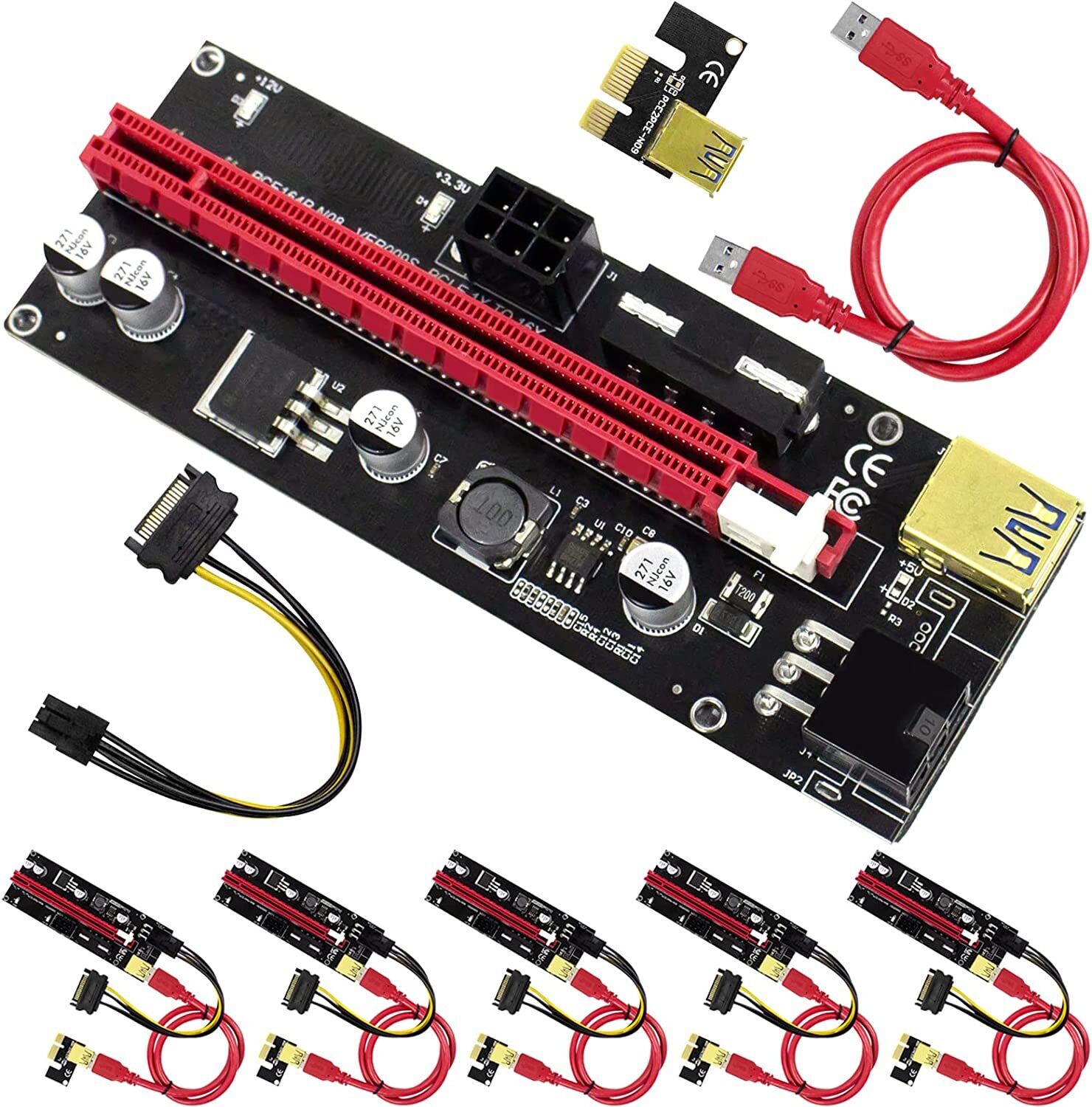 Set of 6 VER009S PCI-E Riser Card for Bitcoin GPU Mining Powered Riser Adapter