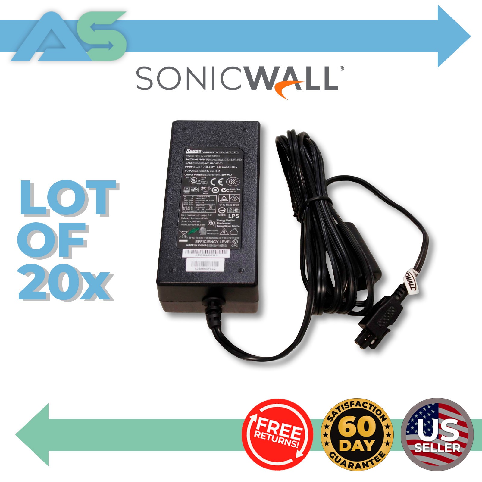 20 Lot OEM SonicWall Power Supply 2 Pin Cord SYS1359-3612-T3 TZ215 TZ500 NSA220