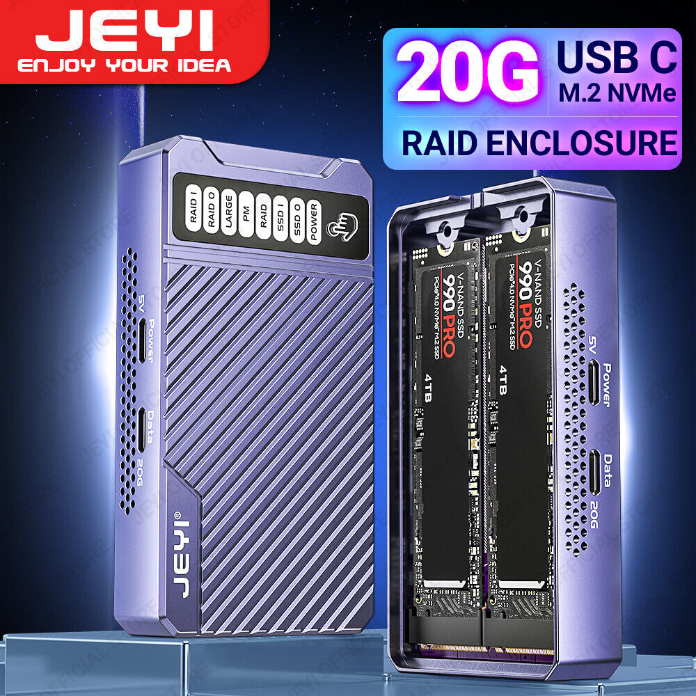JEYI Dual M.2 NVMe Enclosure, Touch Control 20Gbps 2-Bay Hardware RAID SSD Case