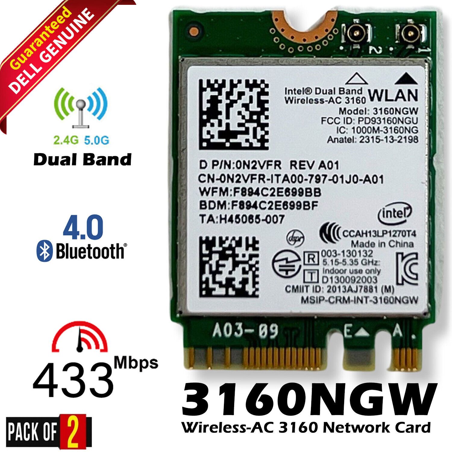 Lot X 2 Dell Inspiron 15 5547 7548 5558 3160NGW Dual Band WLAN WiFi Card N2VFR