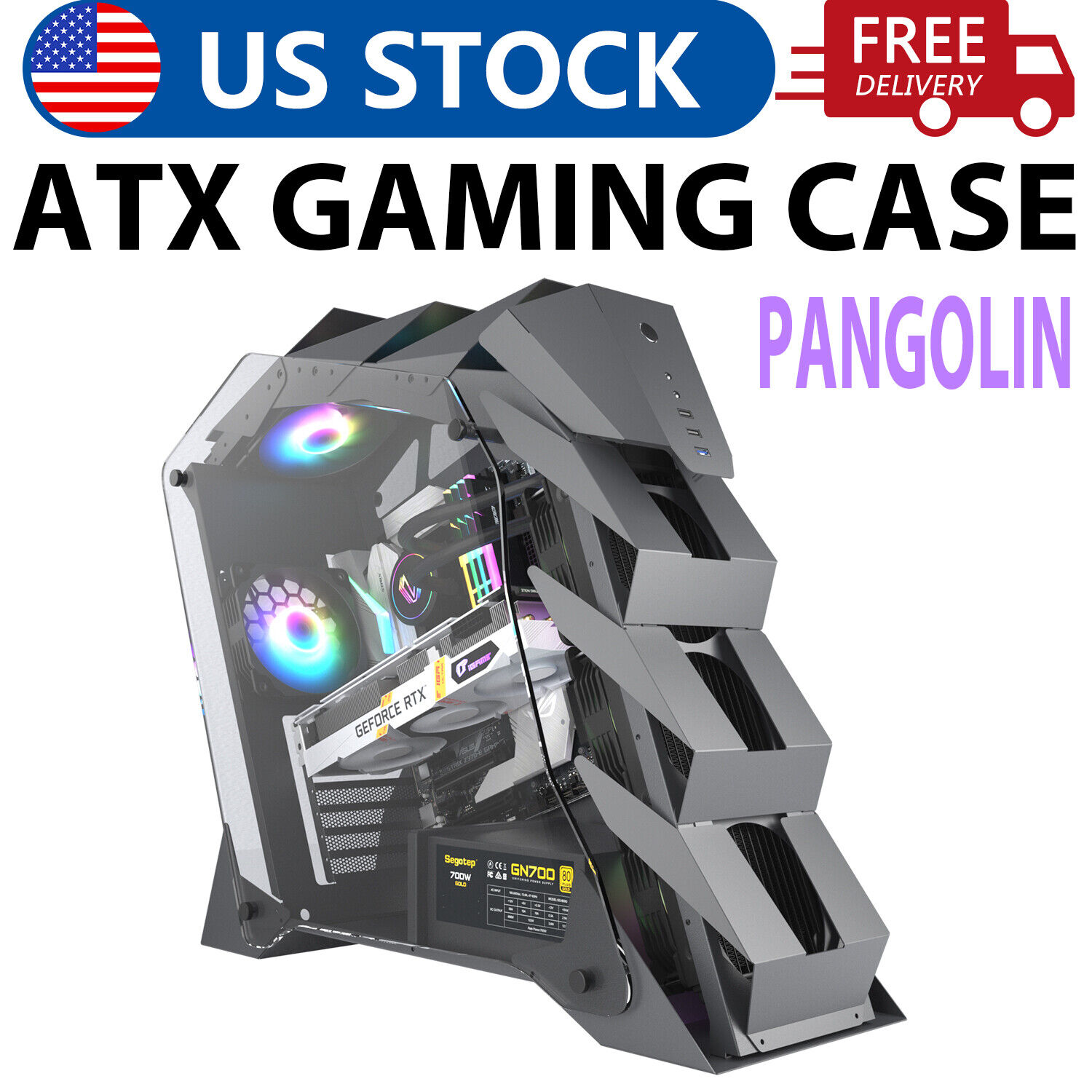 Vetroo K1 Open Frame Mid-Tower ATX PC Gaming Computer Case Dual Tempered Glass