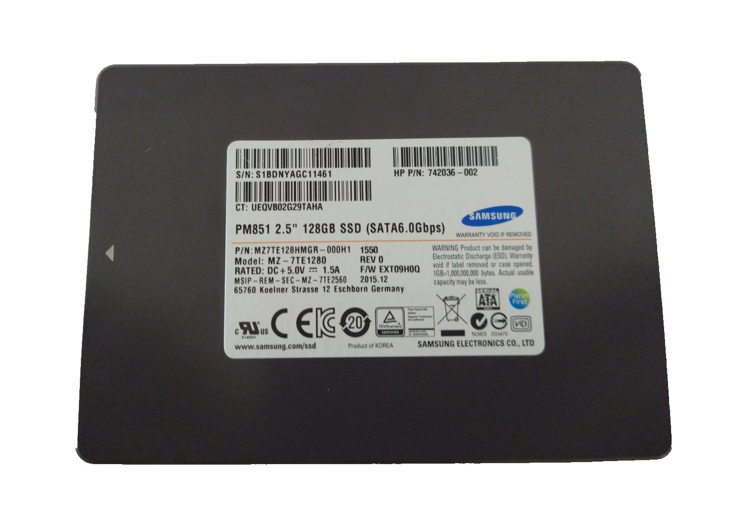 SAMSUNG 128GB SSD SATA MZ-7TE1280 S/N: S1BDNYAGC11461 #NFP3080