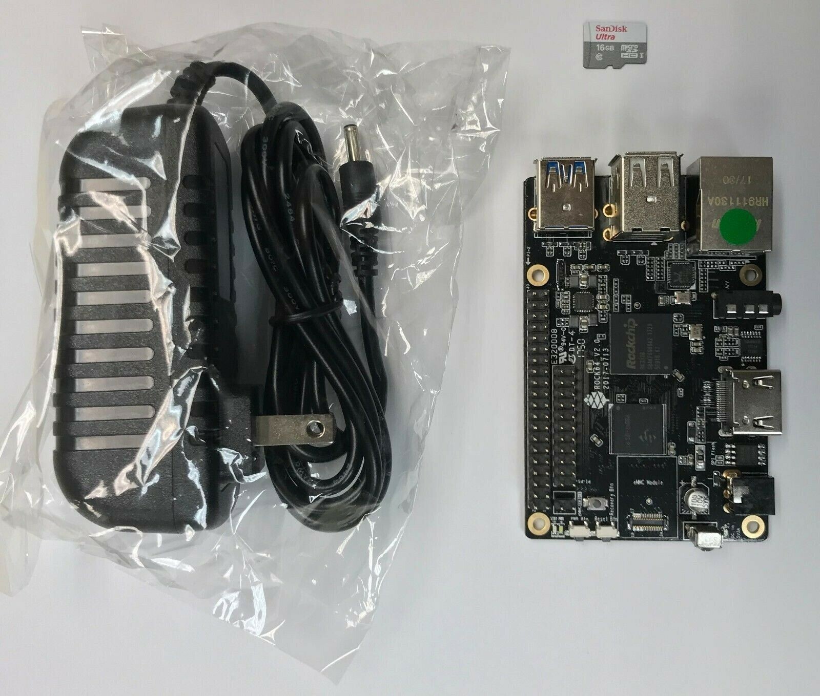 ROCK64 1GB RK3328 Single Board Computer Kit V2 SBC 16GB MicroSD AC Adapter Kit