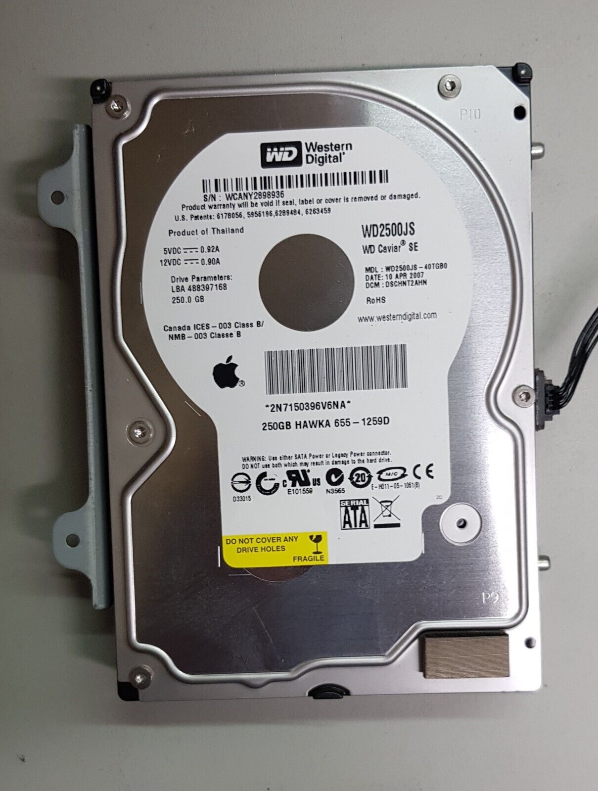WD 250GB Hard Drive with Temperature sensor with Apple OS -  from working A1207