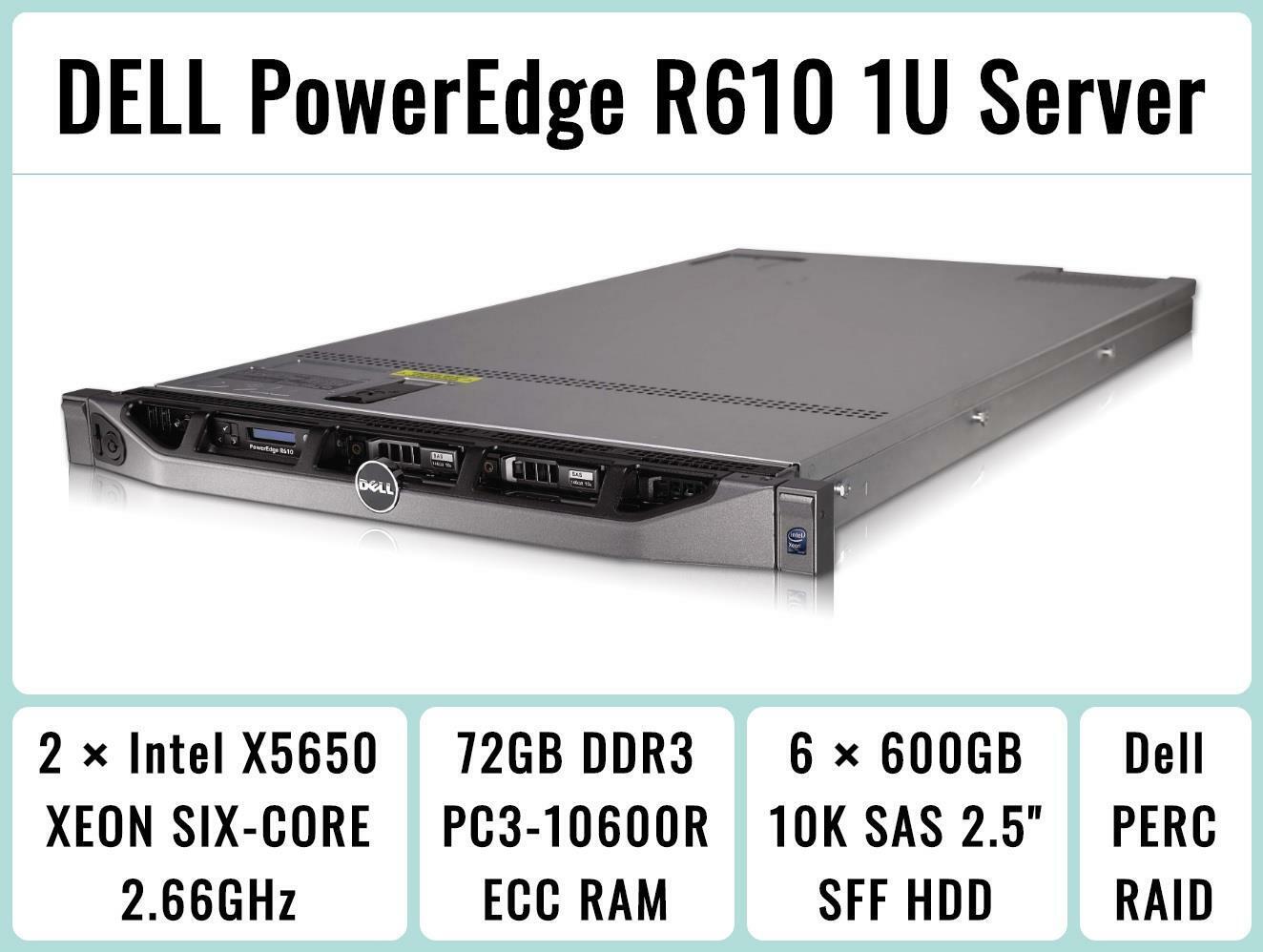DELL PowerEdge R610 1U Server 2×Six-Core Xeon 2.66GHz + 72GB RAM + 6×600GB RAID