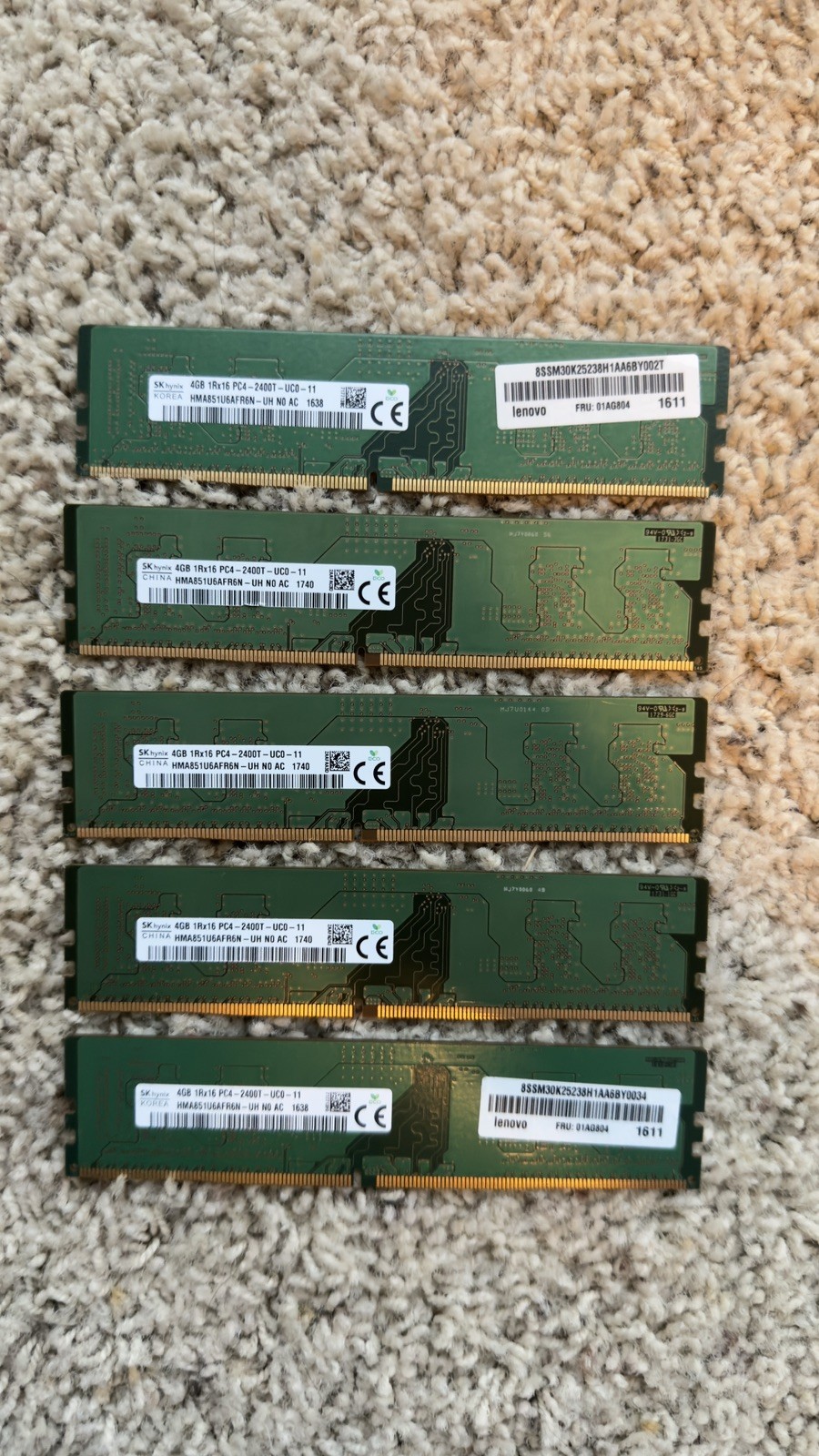 Lot of 5 SK hynix 20GB (4x4GB) DDR4 SDRAM PC4-2400T DIMM HMA851U6AFR6N (5x4GB)