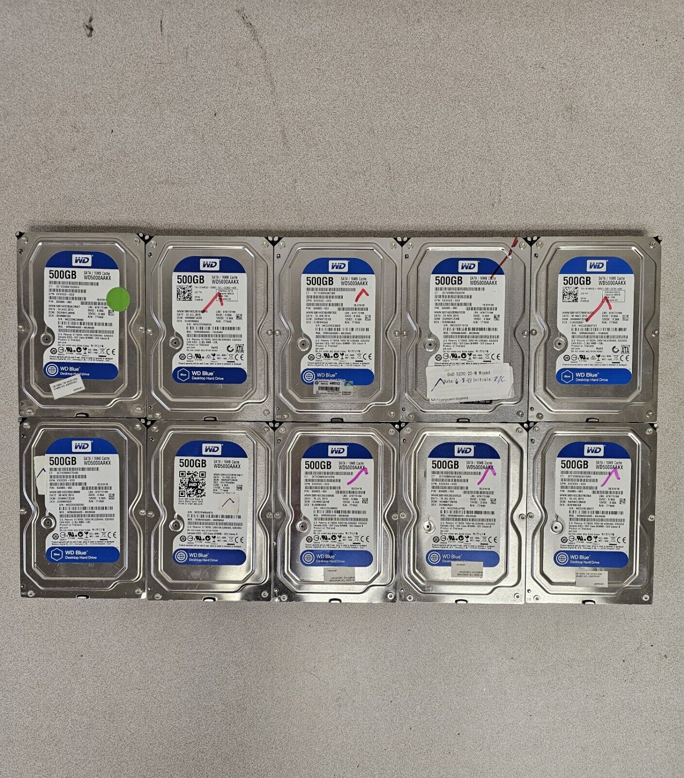 Lot of Ten 10 Western Digital Blue 500GB Internal Desktop Hard Drive WD5000AAKX