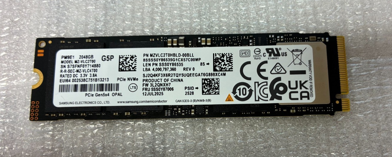 Lenovo Samsung 2TB GEN 5 G5P PM9E1 NVME SSD 2280 M.2 OPAL (MZ-VLC2T00) Lenovo Samsung 2TB GEN 5 G5P PM9E1 NVME SSD 2280 M.2 OPAL (MZ-VLC2T00)