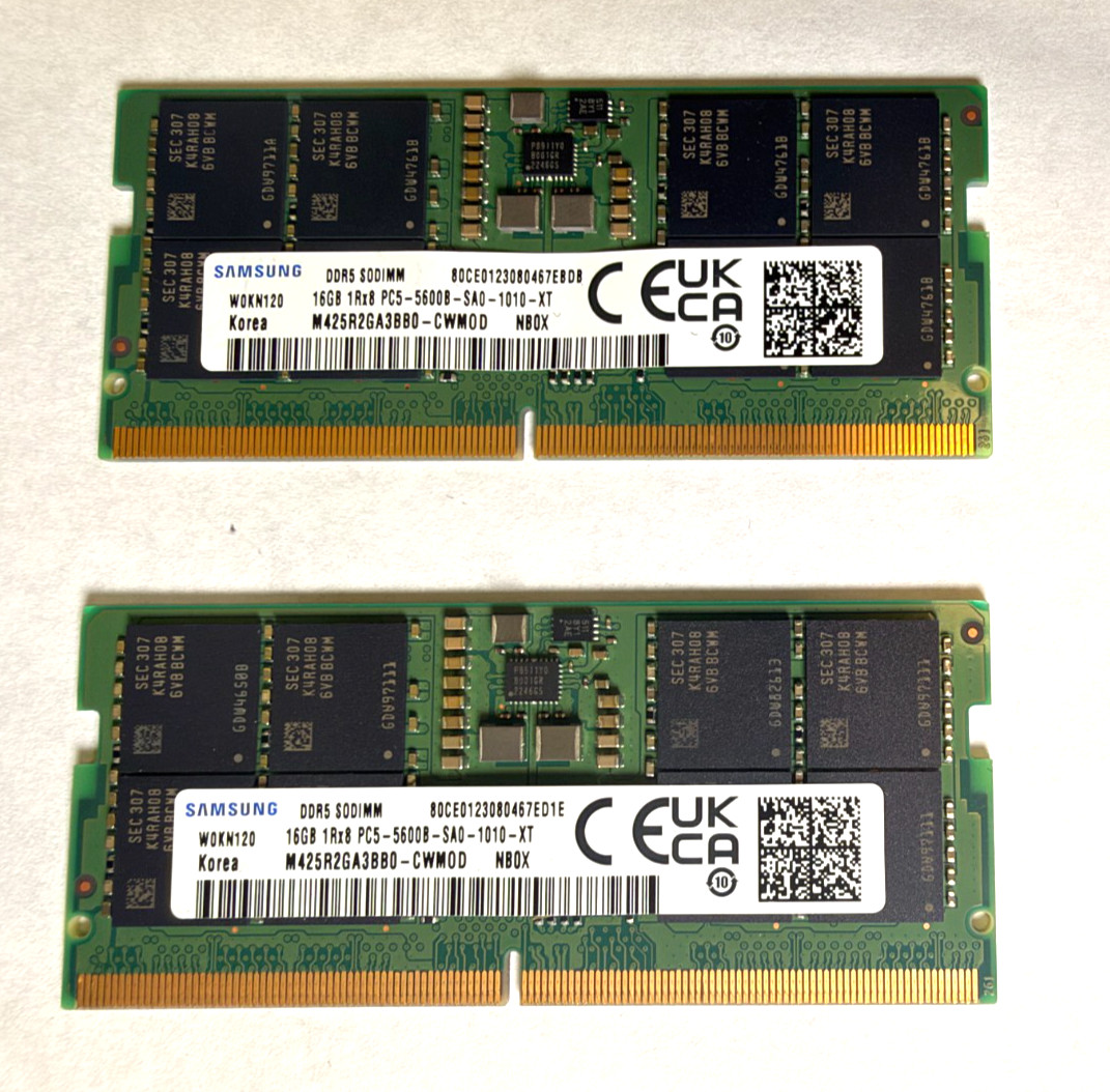Samsung 32GB Total.  1Rx8 PC5-5600B DDR5 5600MHz SODIMM Laptop Memory 2x16gb