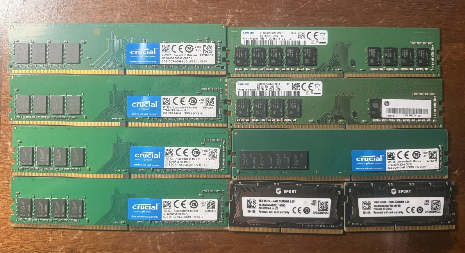 MIX LOT OF 9 RAM (M391A1K43BB2-CTDQ /CT8G4DFS8266.C8FN /BLS16G4S240FSD.16FBD) MIX LOT OF 9 RAM (M391A1K43BB2-CTDQ /CT8G4DFS8266.C8FN /BLS16G4S240FSD.16FBD)