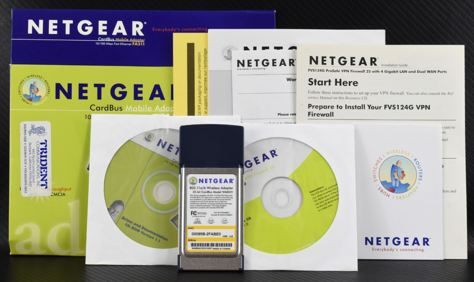 Lot of Vintage Netgear Cardbus Software Discs w/Paperwork & Wireless Adapter