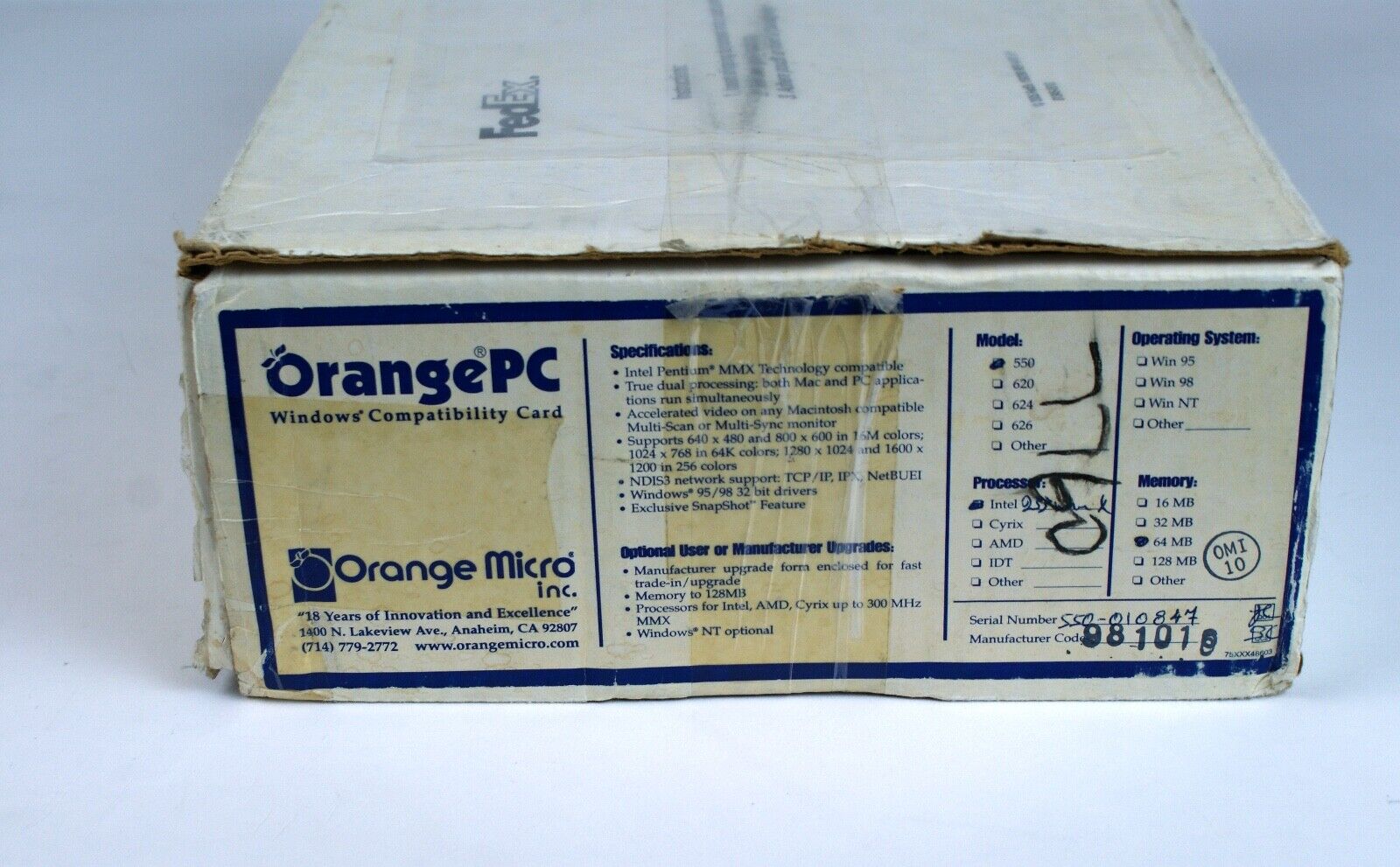 Orange Micro OrangePC 550 64MB Memory Complete DOS Card