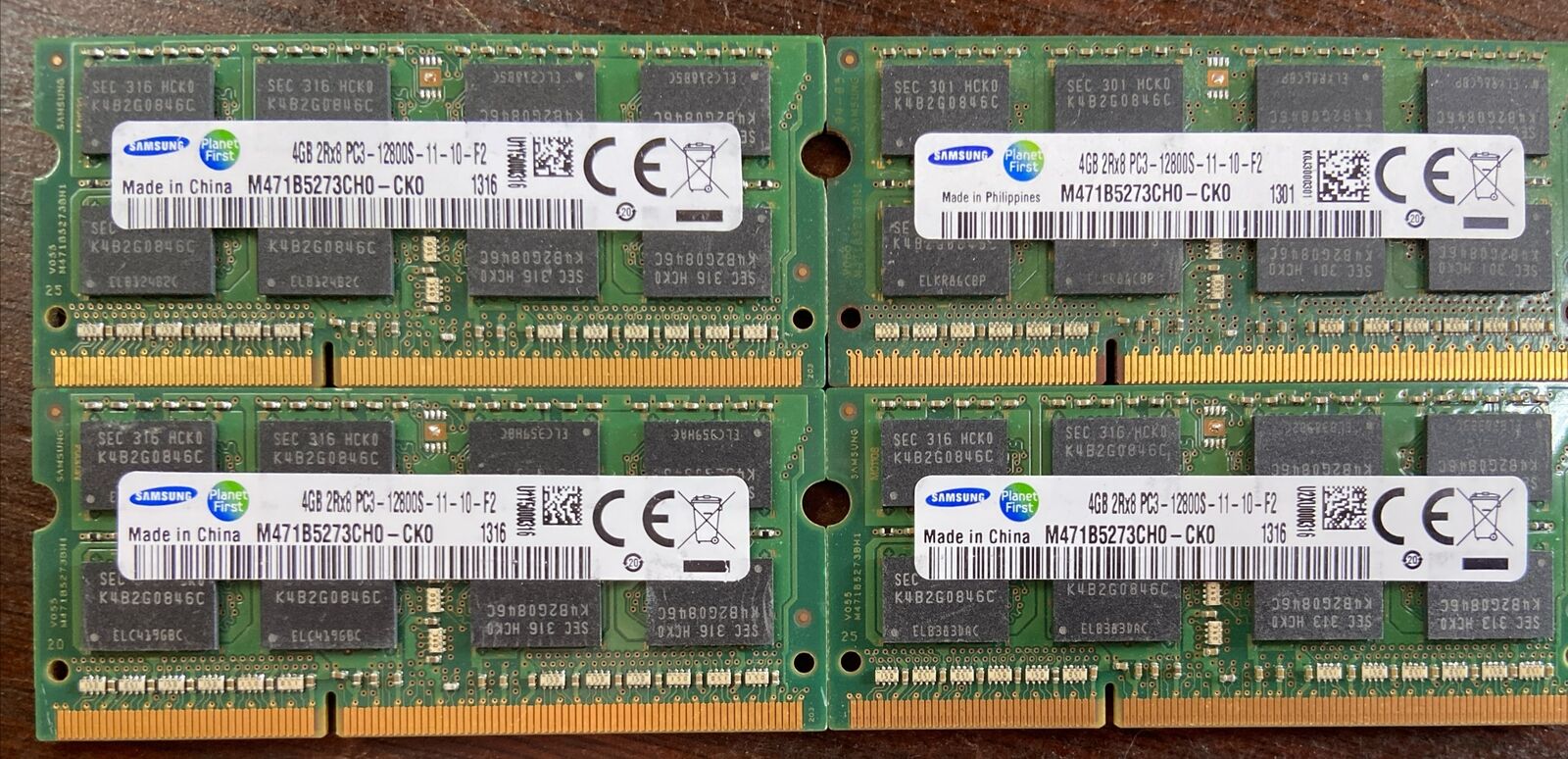Lot of 4 Samsung 4GB DDR3 RAM 2Rx8-PC3-12800S-11-10-F2