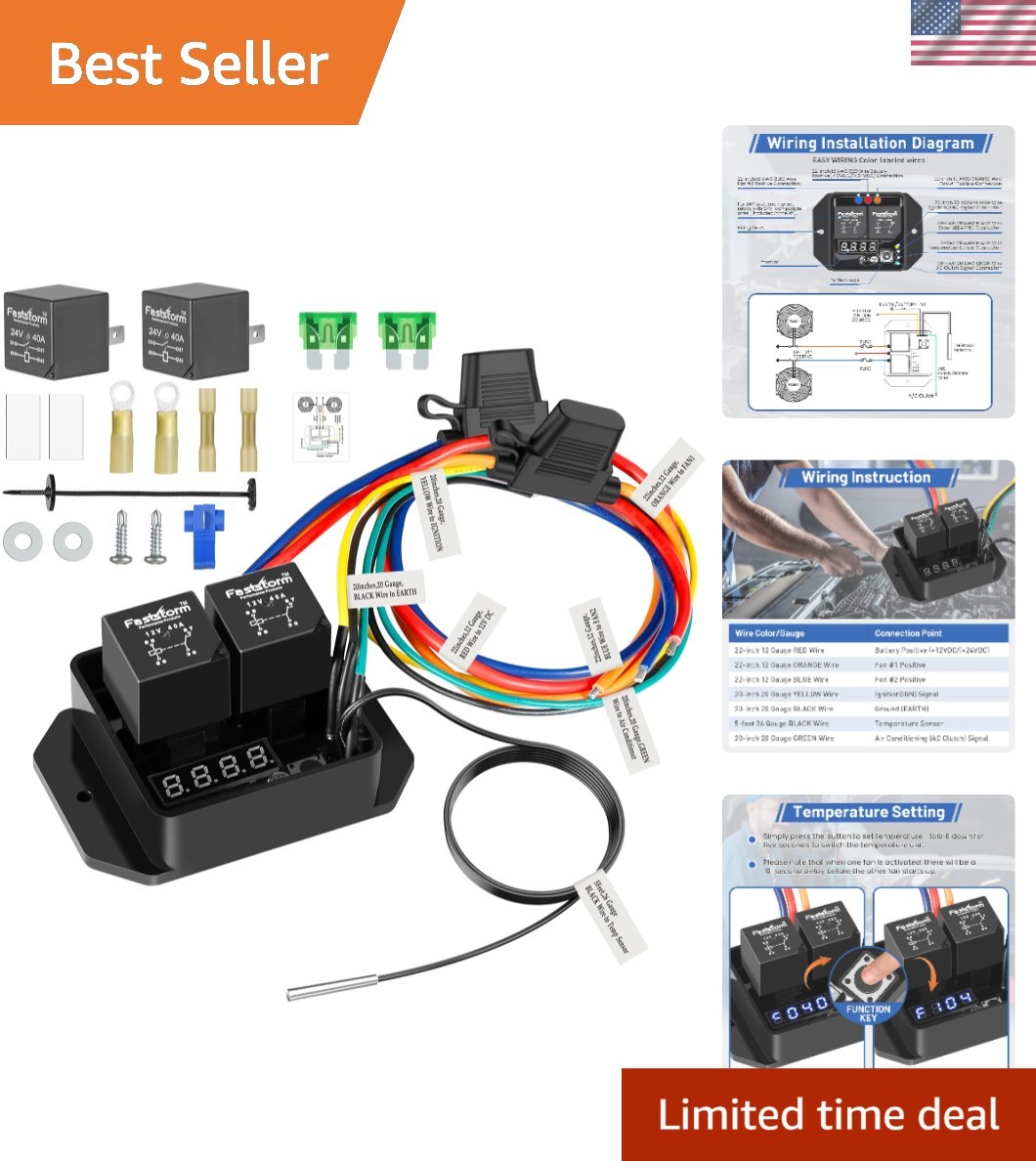 Digital Radiator Fan Switch Kit 12V/24V, Adjustable 104°F-230°F w/Dual Electr... Digital Radiator Fan Switch Kit 12V/24V, Adjustable 104°F-230°F w/Dual Electr...
