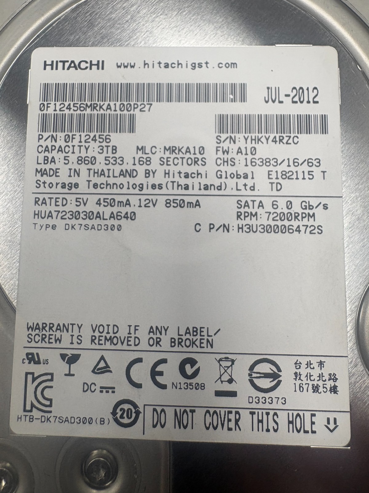 HITACHI HUA723030ALA640 3TB 7.2K 3G SATA 3.5 HITACHI HUA723030ALA640 3TB 7.2K 3G SATA 3.5