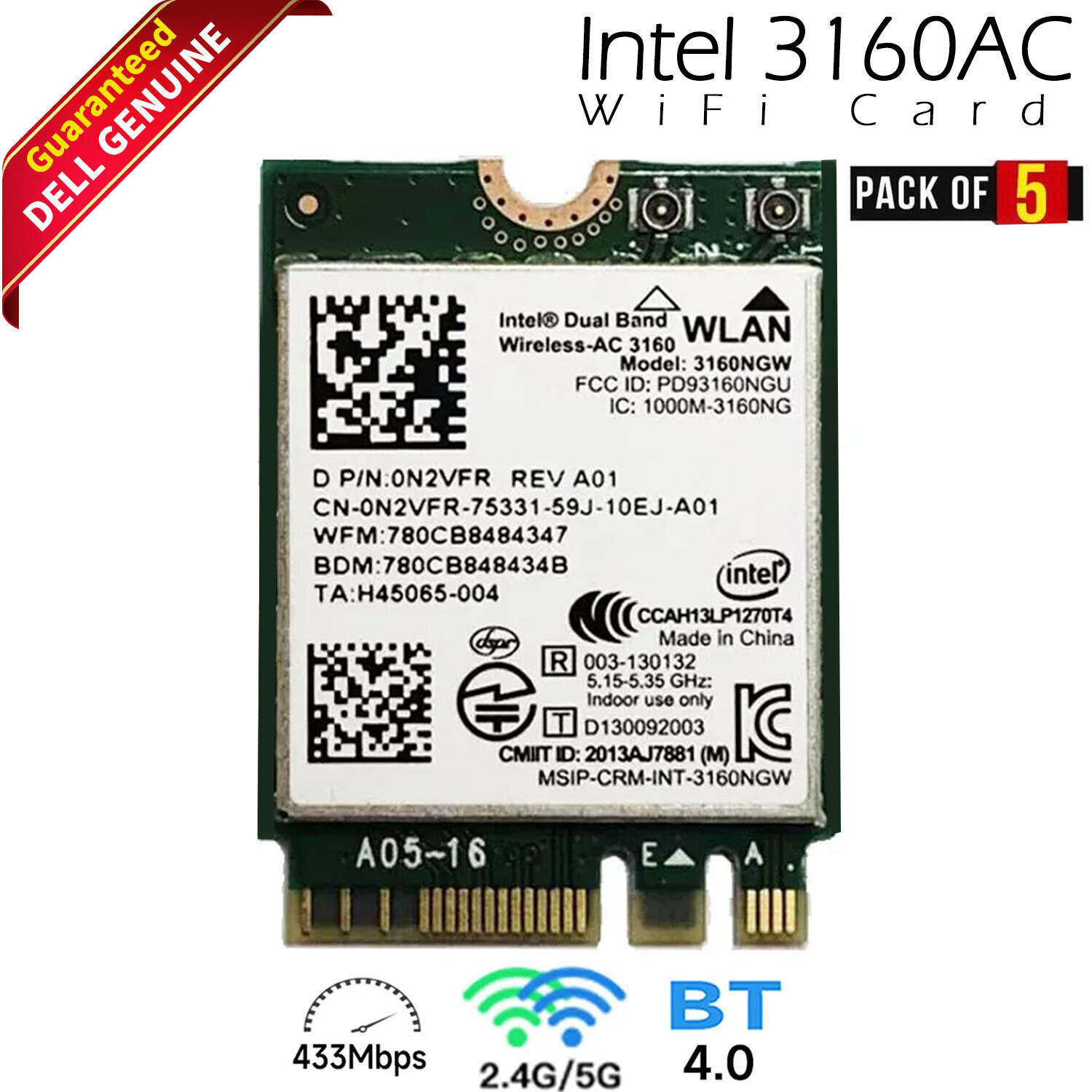 Lot X 5 Dell Intel Wireless-AC 3160 Dual Band WLAN WiFi Bluetooth M.2 Card N2VFR