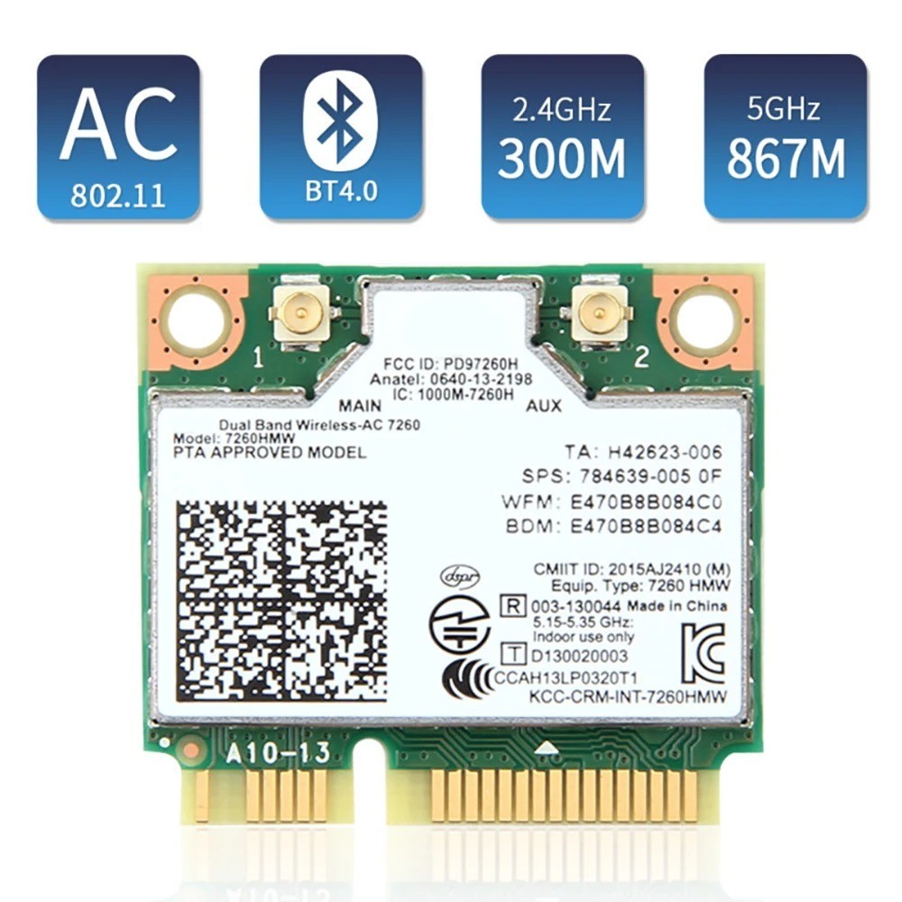 Intel 7260HMW Dual-Band Wireless-AC Card, 802.11ac WiFi + Bluetooth 4.0 for PC Intel 7260HMW Dual-Band Wireless-AC Card, 802.11ac WiFi + Bluetooth 4.0 for PC