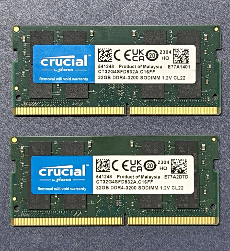 Crucial 64GB (2x32GB) DDR4-3200 PC4-25600 SO-DIMM 260-Pin Unbuf CT32G4SFD832A Crucial 64GB (2x32GB) DDR4-3200 PC4-25600 SO-DIMM 260-Pin Unbuf CT32G4SFD832A