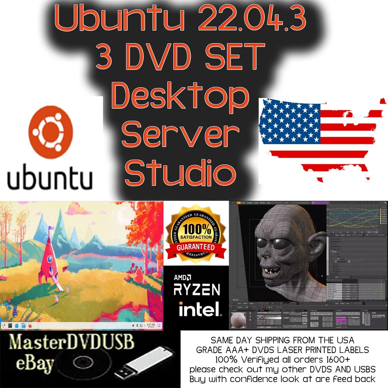 Ubuntu 22.04.3 Desktop, Server, and Studio DVD Set SAME DAY SHIPPING