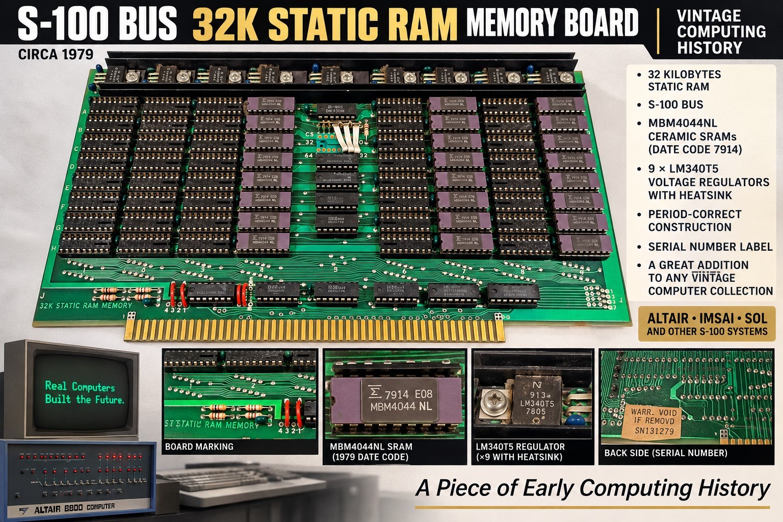 Vintage 1979 S-100 32K Static RAM Memory Board MBM4044 Ceramic ICs Altair IMSAI Vintage 1979 S-100 32K Static RAM Memory Board MBM4044 Ceramic ICs Altair IMSAI