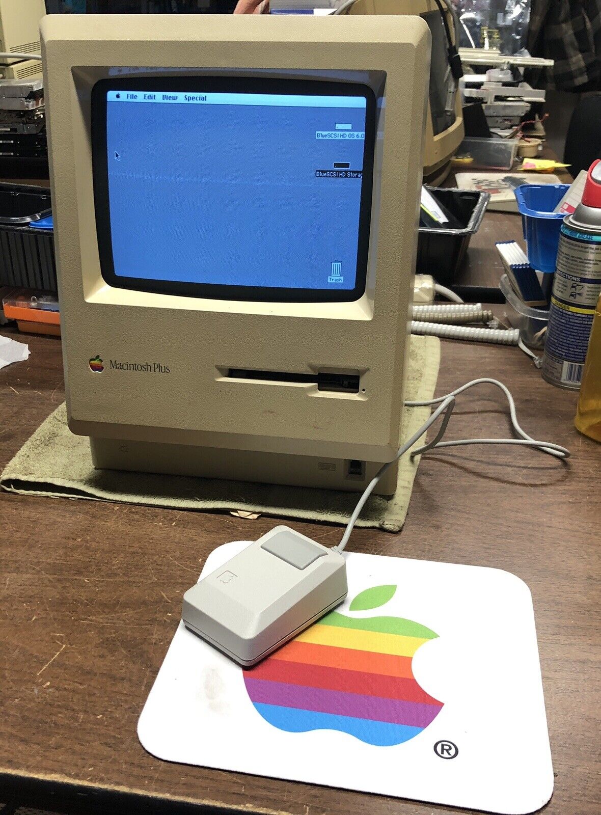 Macintosh Plus, BlueSCSI, OS 6.x, 4 mb memory - recapped, tested, working.