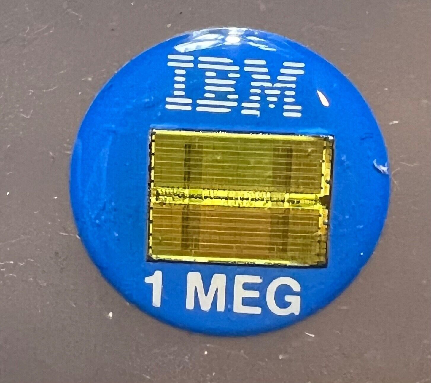 One vintage IBM 1 MEG memory chip stick on button advertising memorabilia